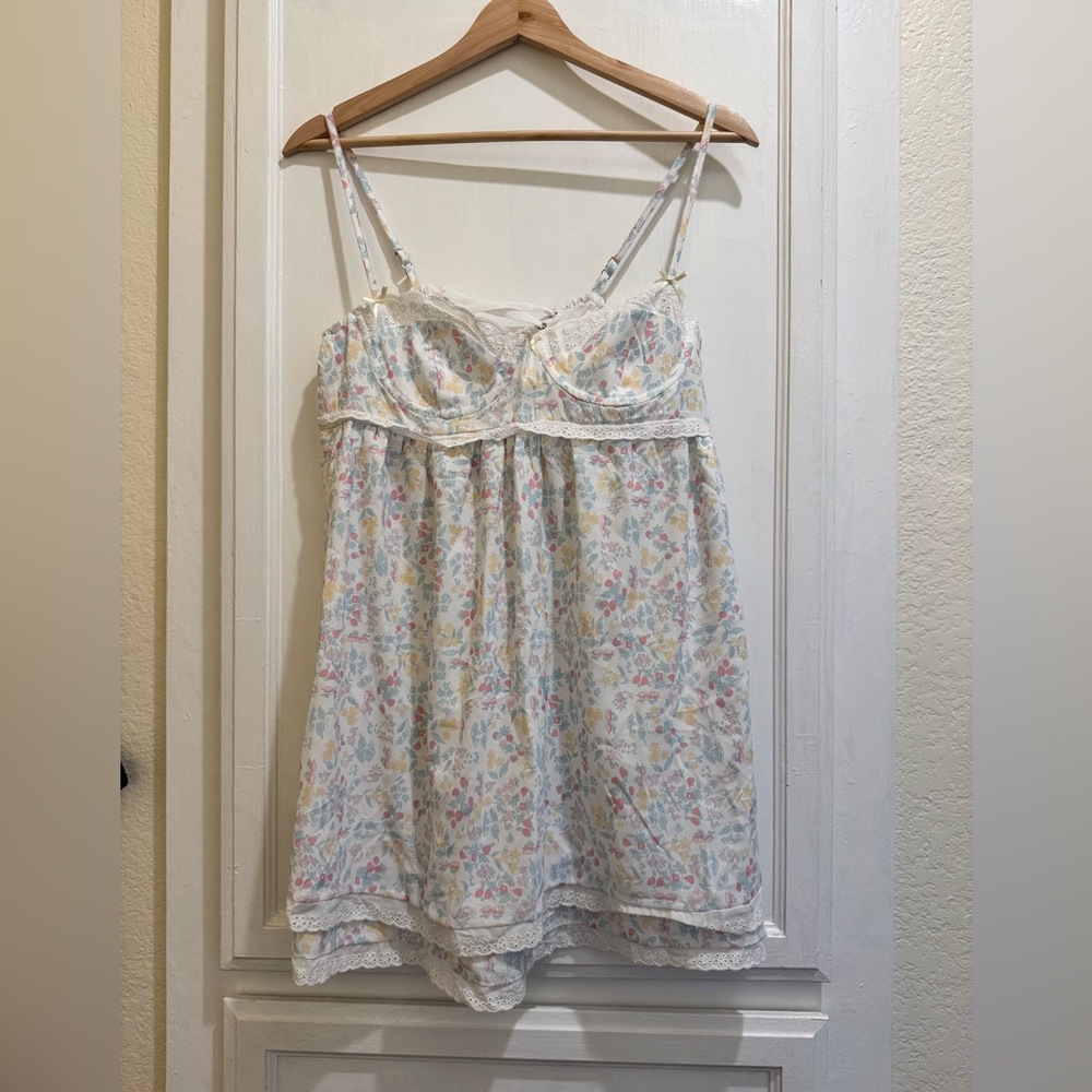 JIFAN Floral Corset Mini Dress Lace Trim Cottagecore Lace-Up Back Size L